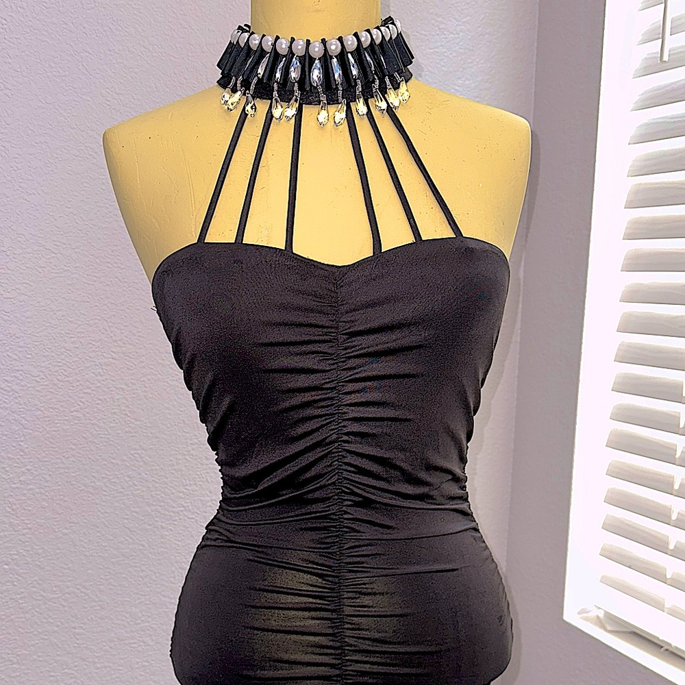Beaded Choker Runched Black Dress